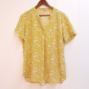 Yellow Ivory Floral Print‎ Short Sleeve Blouse Top, Casual Style Sz XL / #7277